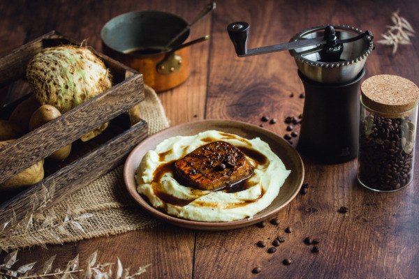 Coffee Lacquered Tofu and Celery Root Purée